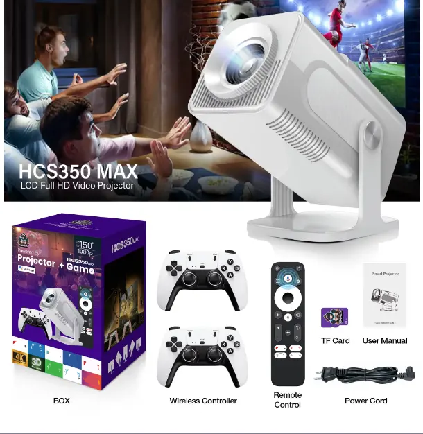 HCS350 MAX LATEST ALLWINNER H713 4K ANDROID 11 HIGH LUMEN 1GB+8GB WIRELESS SMART PROJECTOR WITH WIRELESS GAMEPAD