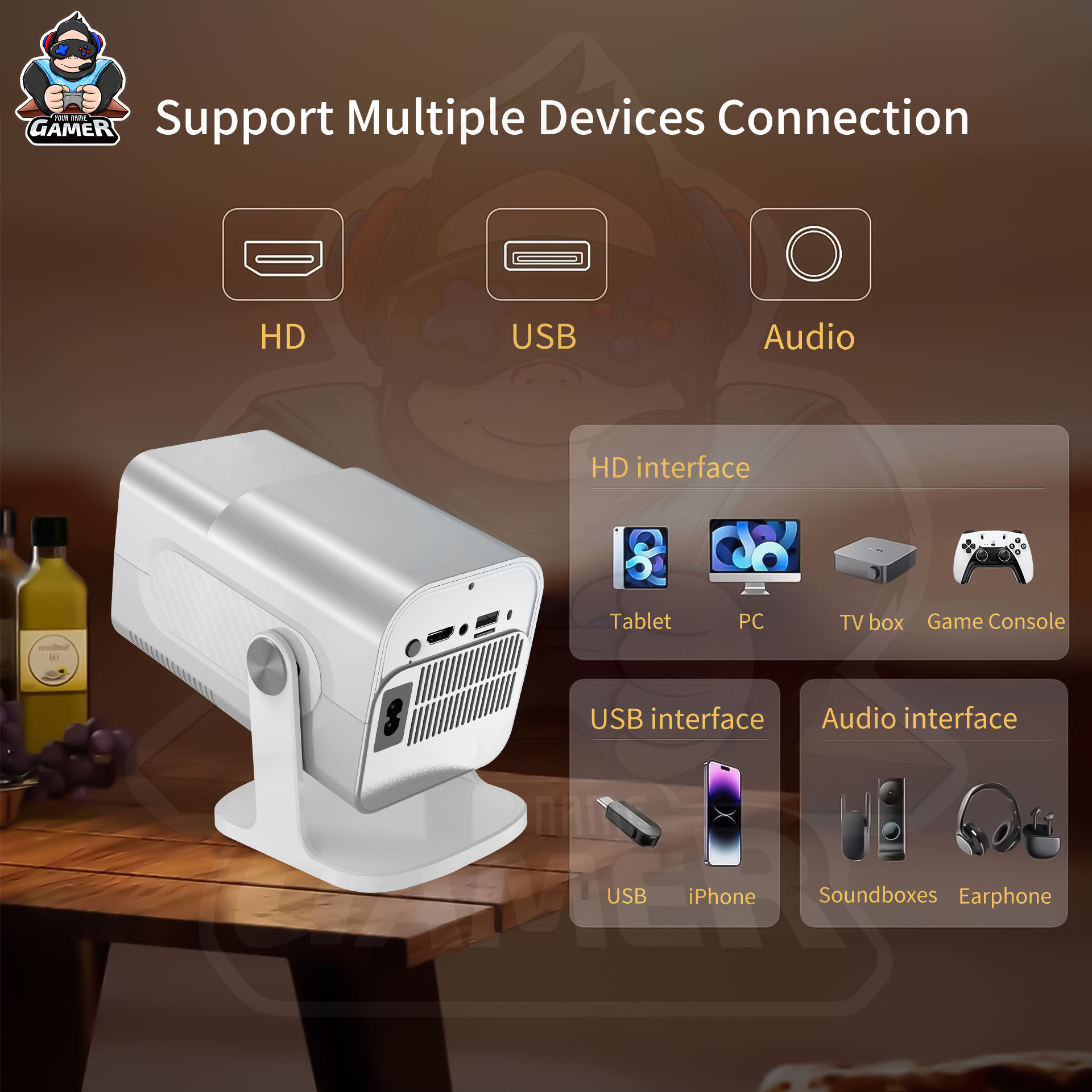 HCS350 MAX LATEST ALLWINNER H713 4K ANDROID 11 HIGH LUMEN 1GB+8GB WIRELESS SMART PROJECTOR WITH WIRELESS GAMEPAD - Image 3